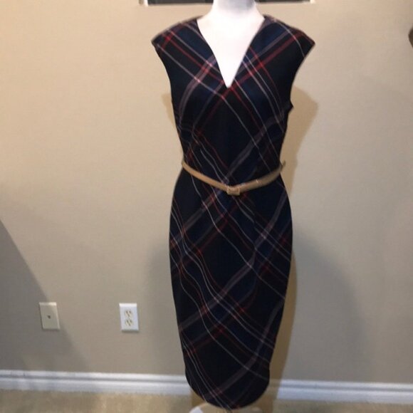 7th AVENUE By New York & Co. Sleeveless Navy Plaid Sheath Dress fully Lined-10 - Picture 1 of 13